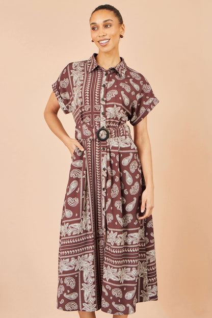 Yumi Brown Scarf Print Midi Shirt Dress
