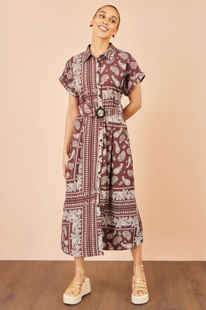 Yumi Brown Scarf Print Midi Shirt Dress