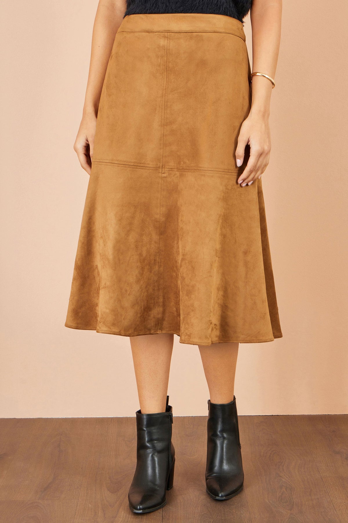 Brown Faux Suede Midi Skirt