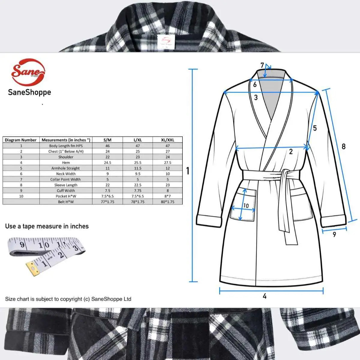 Men's Fleece Dressing Gown - Soft Warm Checkered Pattern SaneShoppe