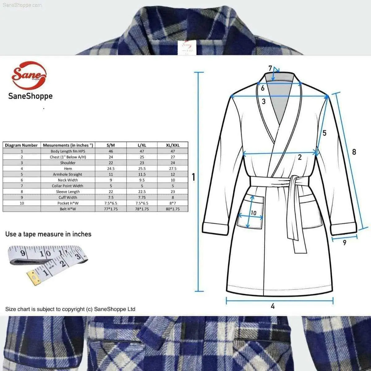 Men's Fleece Dressing Gown - Soft Warm Checkered Pattern SaneShoppe