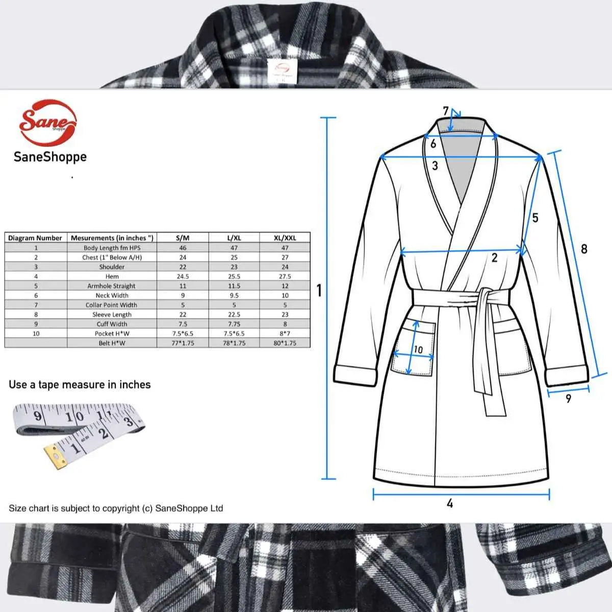 Men's Fleece Dressing Gown - Soft Warm Checkered Pattern SaneShoppe
