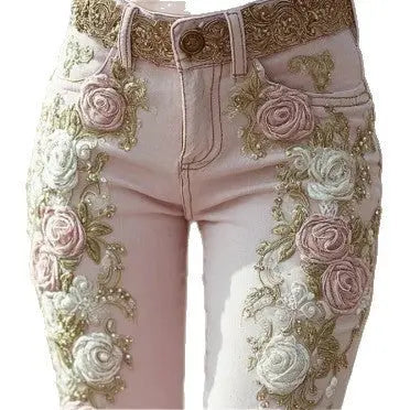 Women's Retro Pink Rose Embroidered Artistic Printed Jeans Elegant Michan Direct