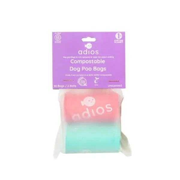 Adios Plastic Compostable Poo Bags - Rainbow 2 Roll Pack (30 bags) North East Pet Shop