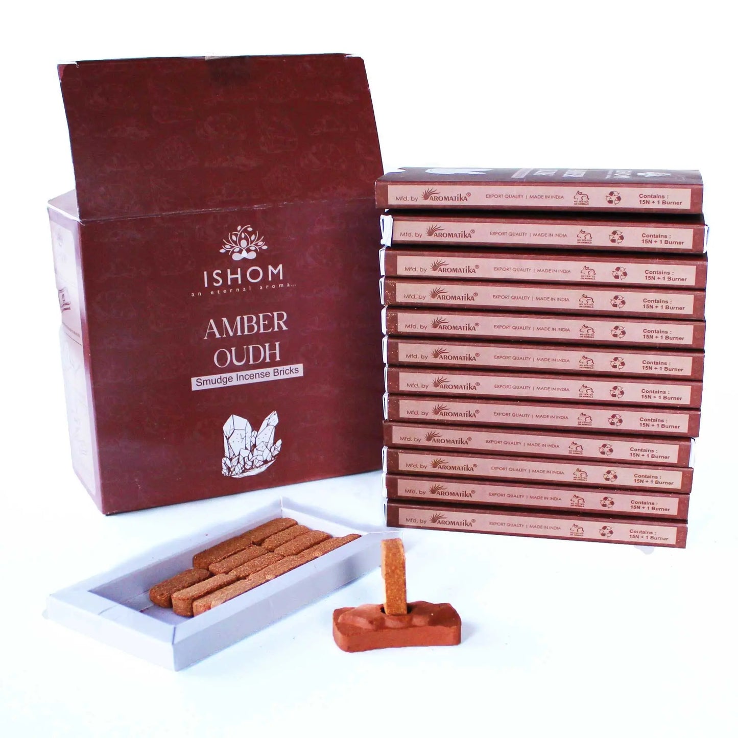 Pack of 15 Natural Incense Smudge Bricks and Burner - Amber Wood Scents & Soaks