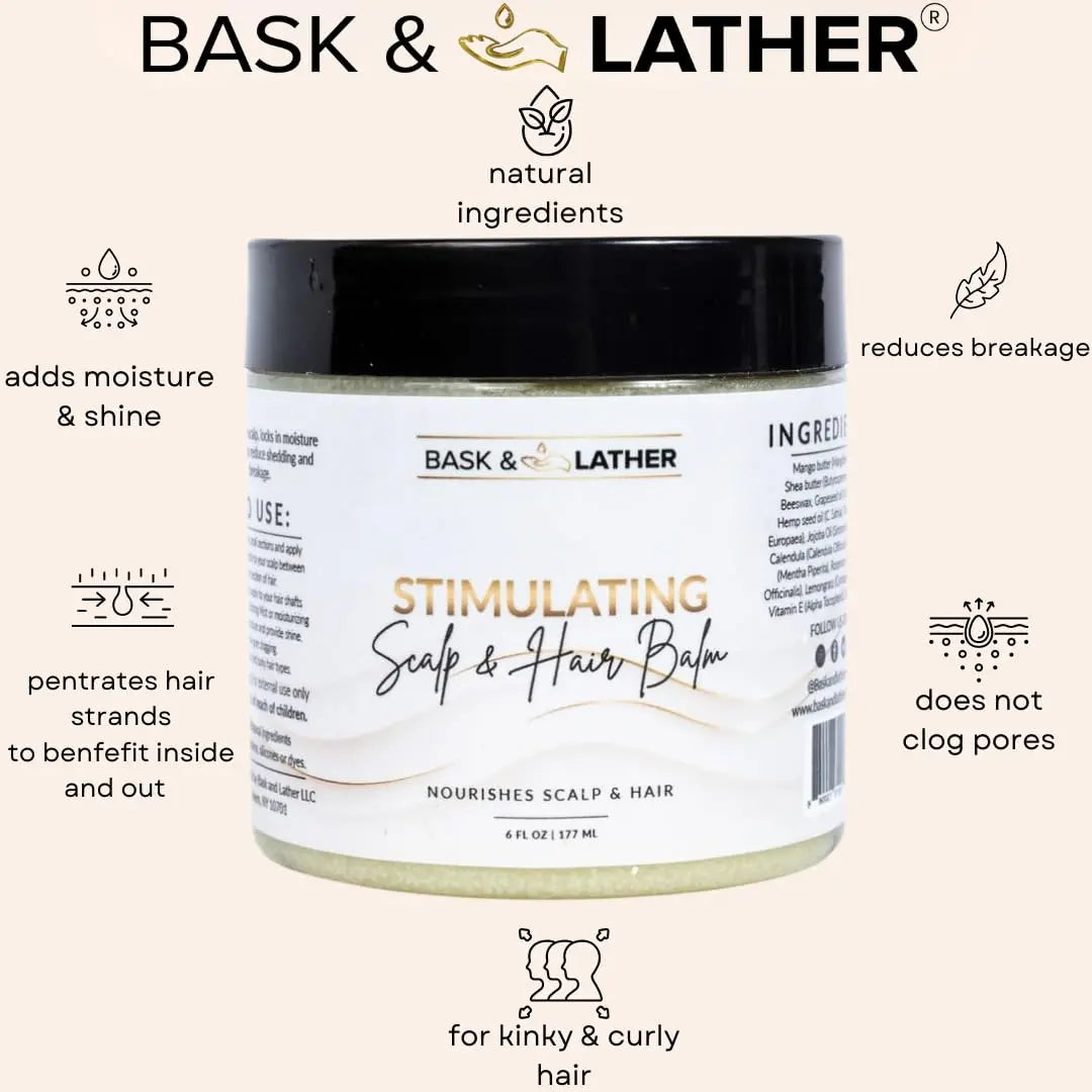 Bask & Lather Stimulating Scalp & Hair Balm for Hair Growth – Mango & Shea Butter, Peppermint & Rosemary, Vitamin E | 6 oz British Harmonia | Natural Makeup & Fragrance by British Harmonia UK
