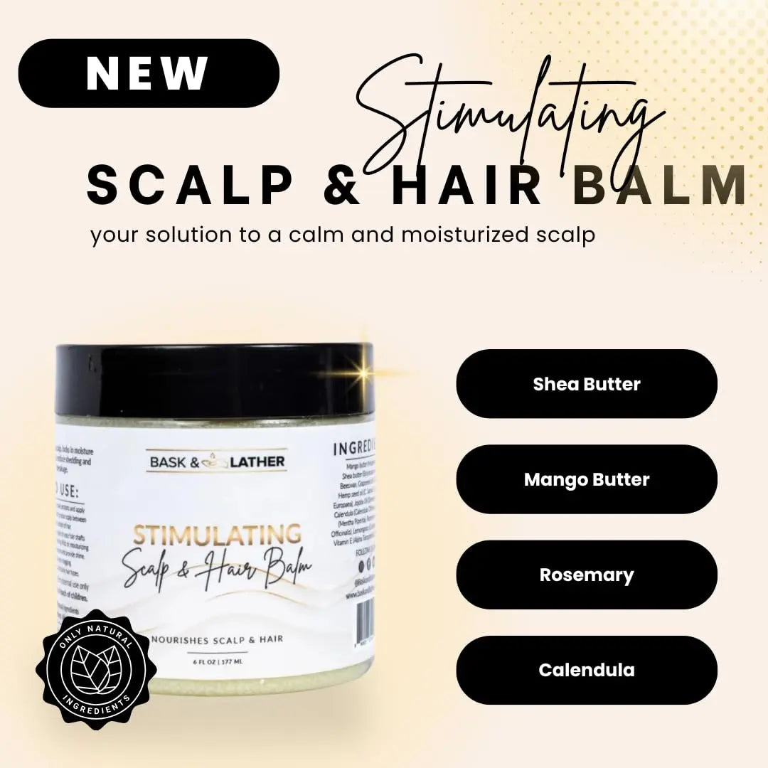 Bask & Lather Stimulating Scalp & Hair Balm for Hair Growth – Mango & Shea Butter, Peppermint & Rosemary, Vitamin E | 6 oz British Harmonia | Natural Makeup & Fragrance by British Harmonia UK