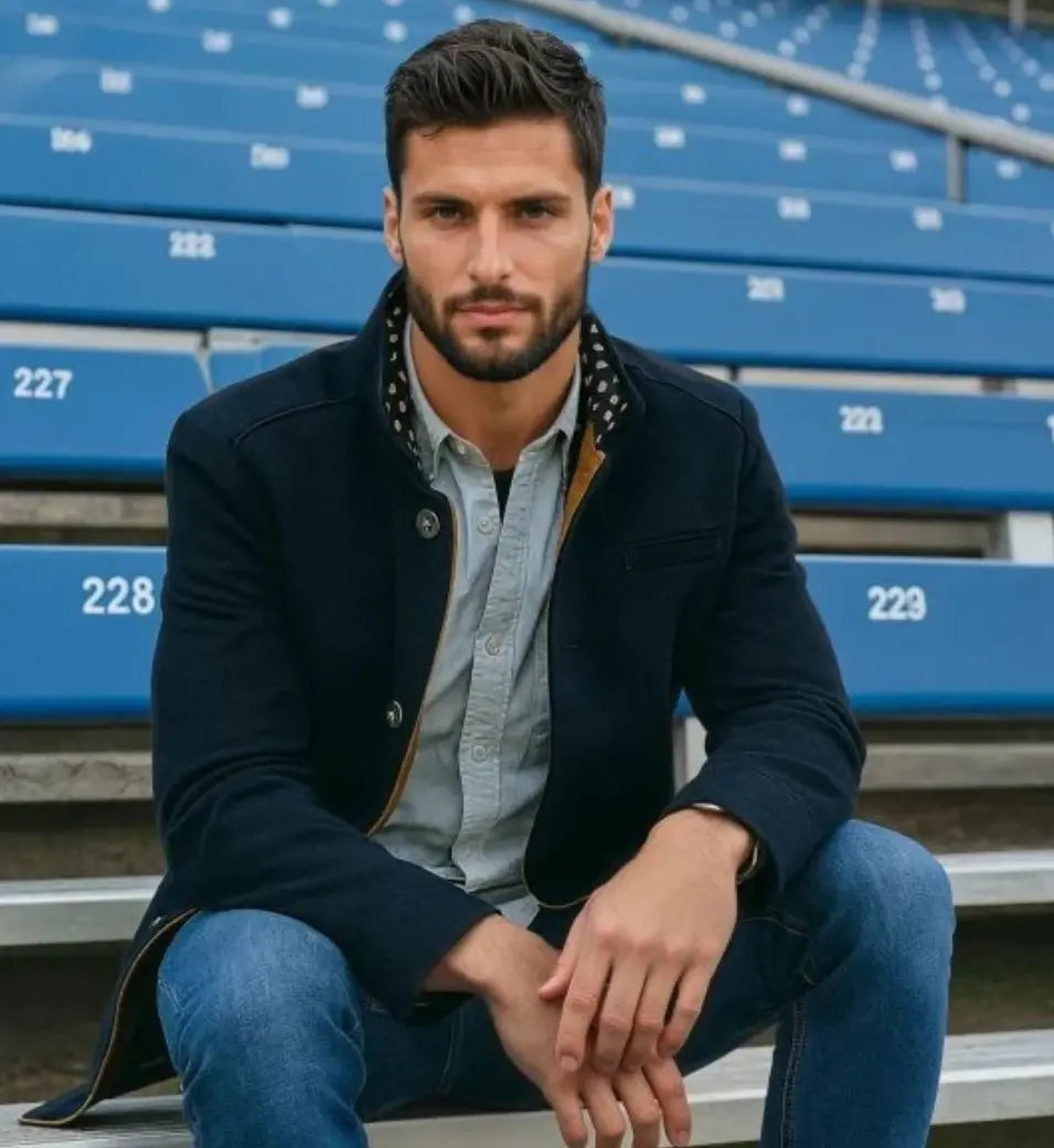 Manteau d'hiver homme en laine épaisse à col montant avec écharpe, bleu marine, taille M, Biutimarden