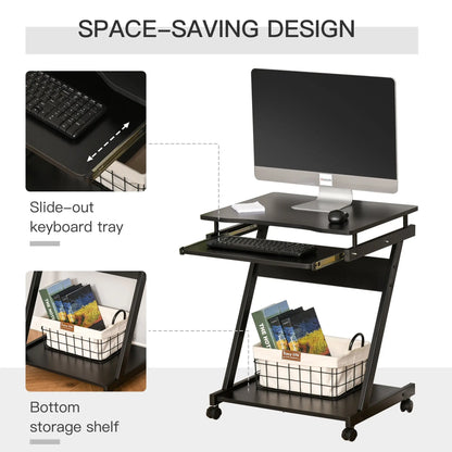 HOMCOM Movable Computer Desk with 4 Moving Wheels Sliding Keyboard Tray Home Office Workstation Black Wise Galleria