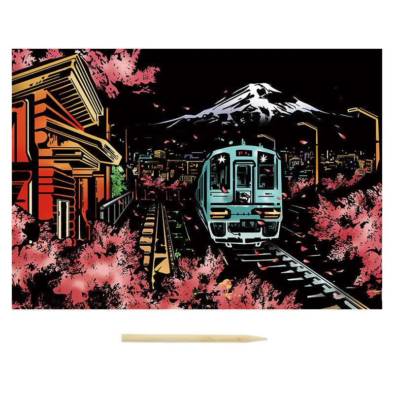 Train on tracks with cherry blossoms and a mountain in the background