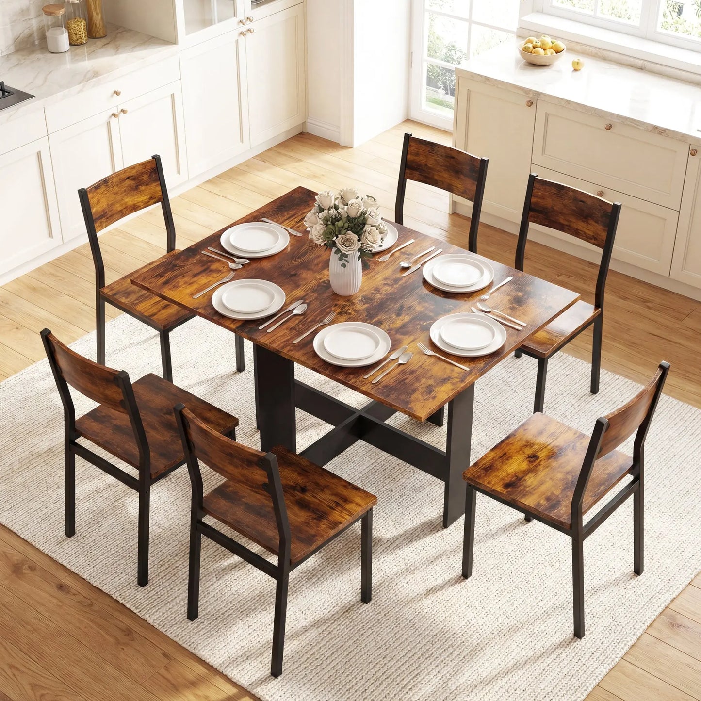 HOMCOM Folding Dining Table, Space-Saving Drop Leaf Kitchen Table for 4-6 People Rustic Brown Wise Galleria