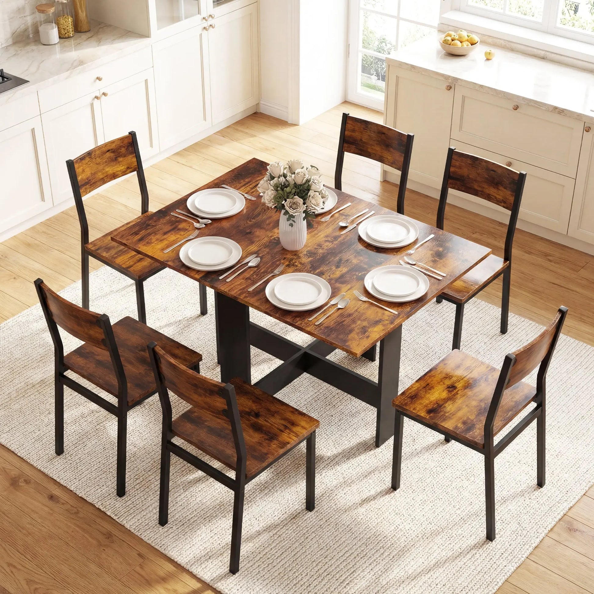 HOMCOM Folding Dining Table, Space-Saving Drop Leaf Kitchen Table for 4-6 People Rustic Brown Wise Galleria