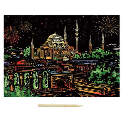 Illustration of a cityscape with a prominent building and fireworks in the sky, on a black background.