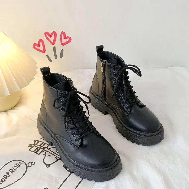 Trendy Korean Black All Match Thick Soled Motorcycle Boots Michan Direct