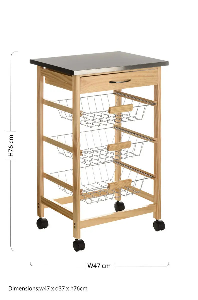 Silver Pinewood Kitchen Trolley with Drawer and Baskets Glenn | Harlow Orsina