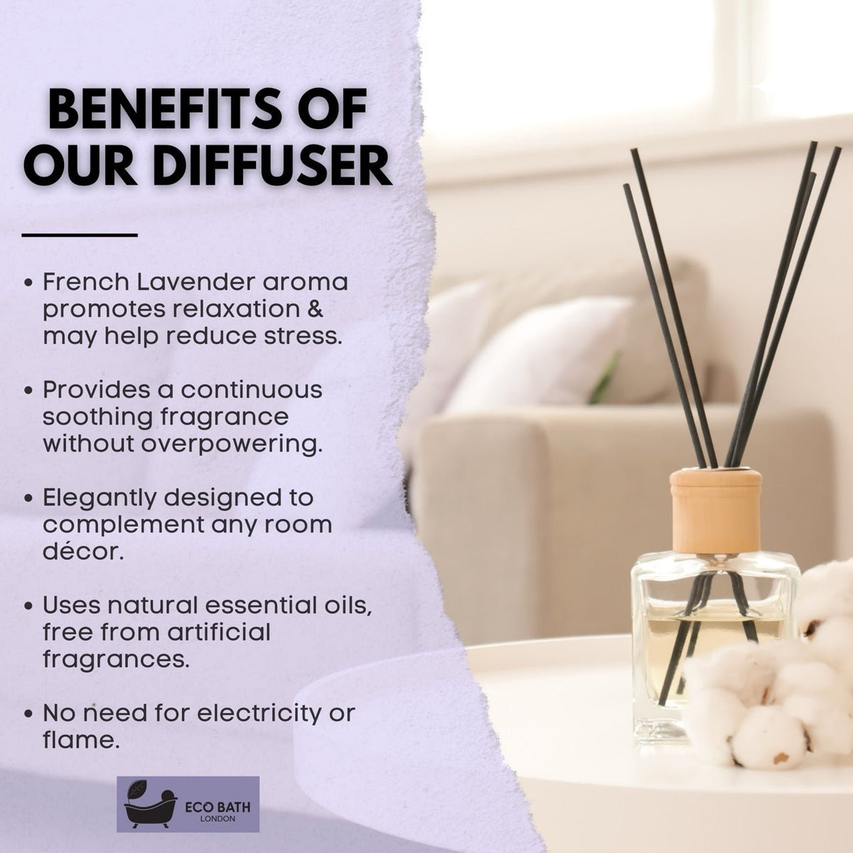 Eco Bath London French Lavender Reed Diffuser - Luxurious Home Fragrance with Natural Essential French Lavender Oil, 100ml (3.38 Fl.Oz)