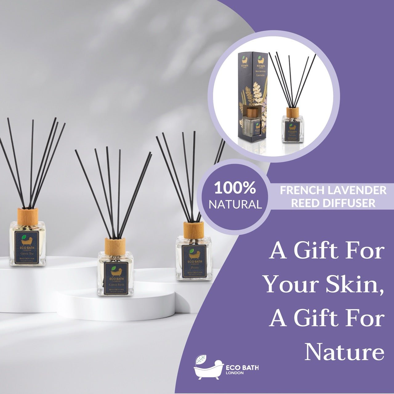 Eco Bath London French Lavender Reed Diffuser - Luxurious Home Fragrance with Natural Essential French Lavender Oil, 100ml (3.38 Fl.Oz)