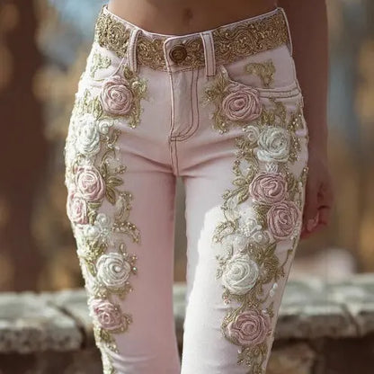 Women's Retro Pink Rose Embroidered Artistic Printed Jeans Elegant Michan Direct