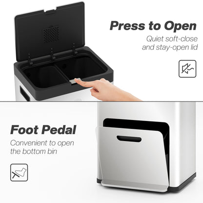HOMCOM 3 Compartment Kitchen Bin, 56L Stainless Steel Pedal Bin with Wheels