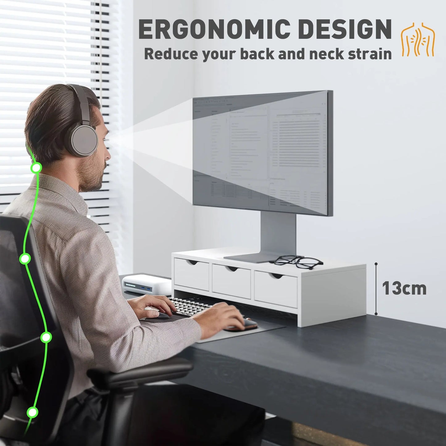 HOMCOM Monitor Stand Riser with 3 Drawers, Monitor Riser for Laptop, Computer, PC, Small Printer, 51 x 24 x 13cm, White Wise Galleria