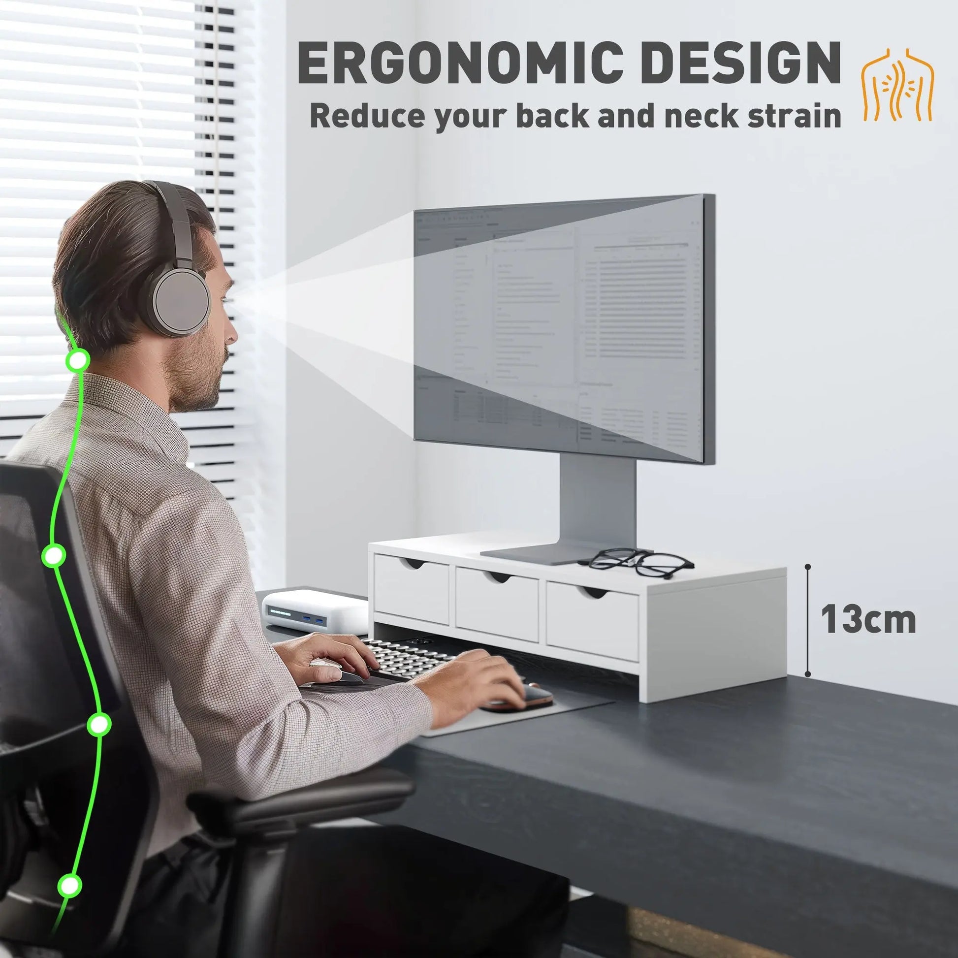 HOMCOM Monitor Stand Riser with 3 Drawers, Monitor Riser for Laptop, Computer, PC, Small Printer, 51 x 24 x 13cm, White Wise Galleria