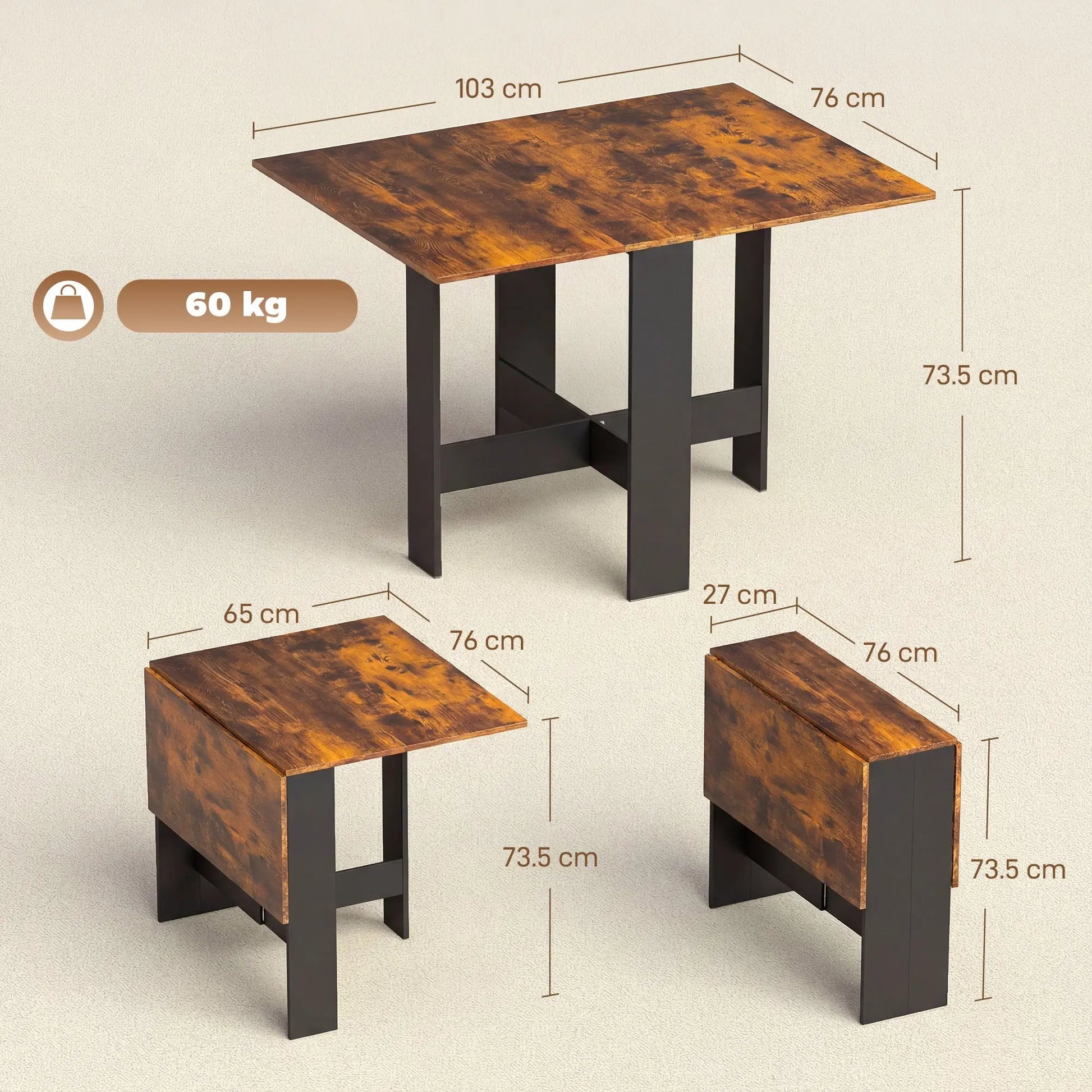 HOMCOM Folding Dining Table, Space-Saving Drop Leaf Kitchen Table for 4-6 People Rustic Brown Wise Galleria