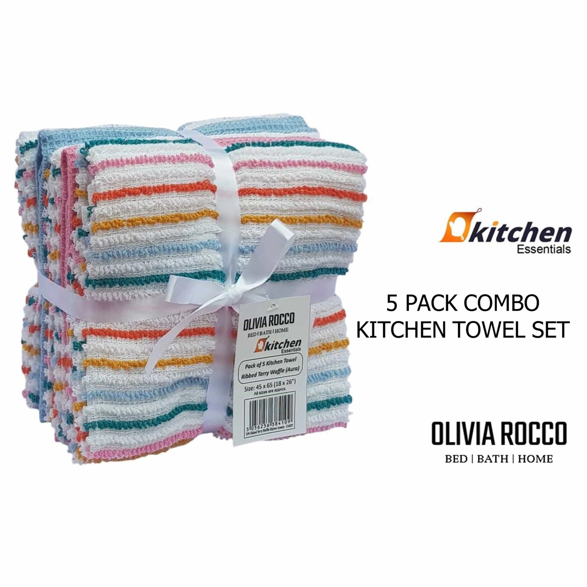 OLIVIA ROCCO 5 Pack Cotton Kitchen Tea Towels Striped Ribbed Waffle 45cm x 65cm Quick Dry OLIVIA ROCCO