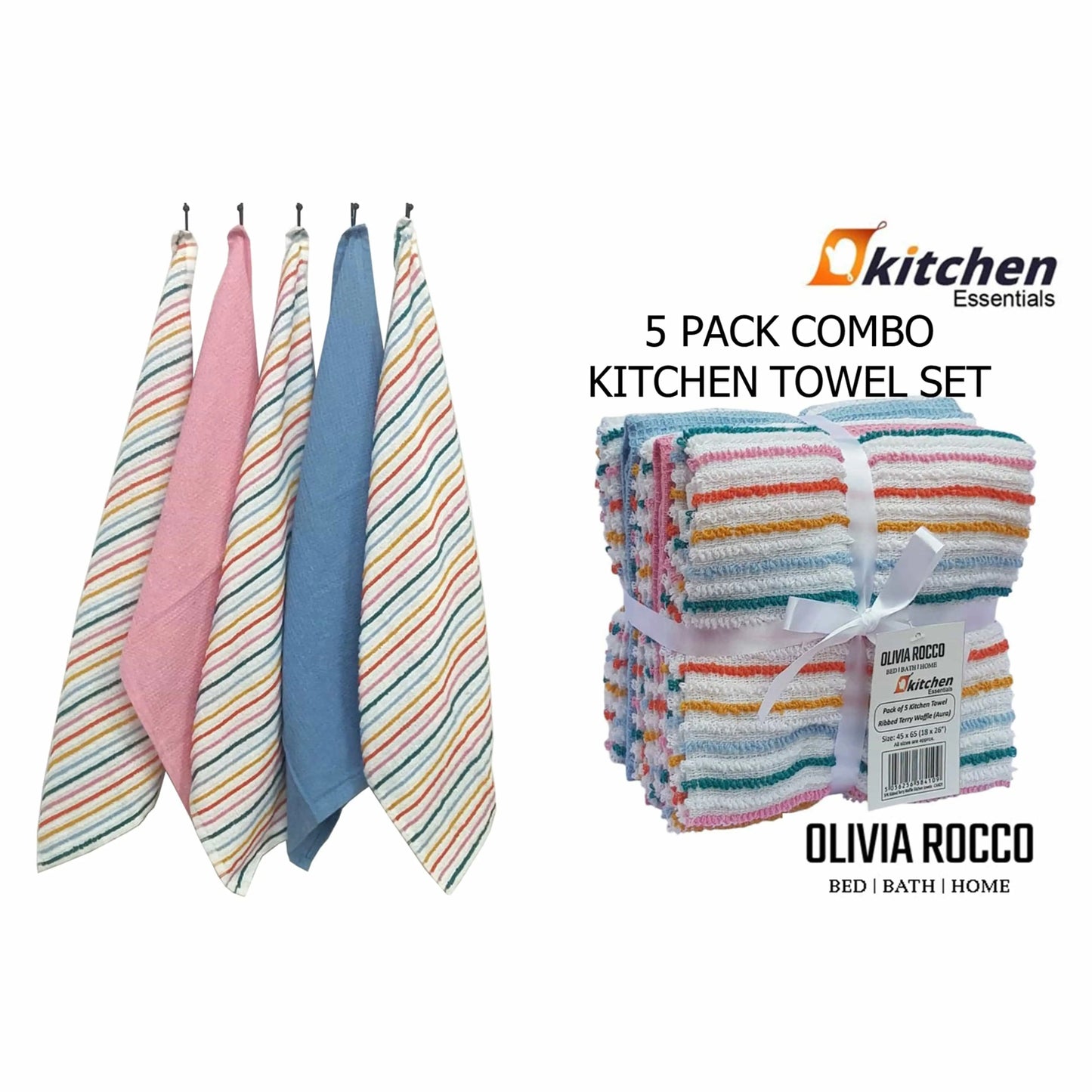 OLIVIA ROCCO 5 Pack Cotton Kitchen Tea Towels Striped Ribbed Waffle 45cm x 65cm Quick Dry OLIVIA ROCCO