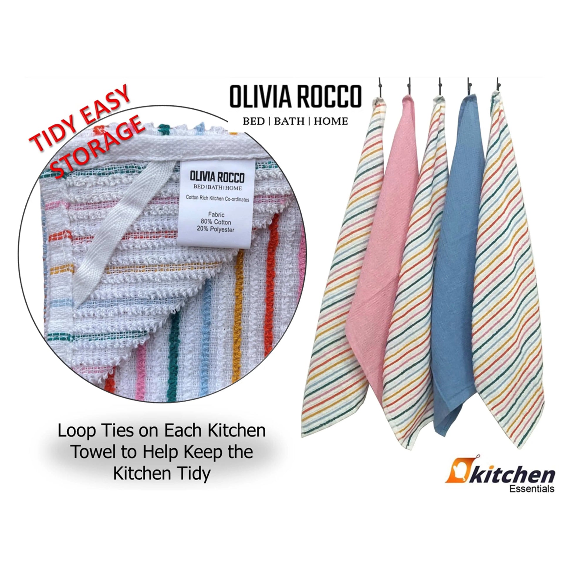 OLIVIA ROCCO 5 Pack Cotton Kitchen Tea Towels Striped Ribbed Waffle 45cm x 65cm Quick Dry OLIVIA ROCCO