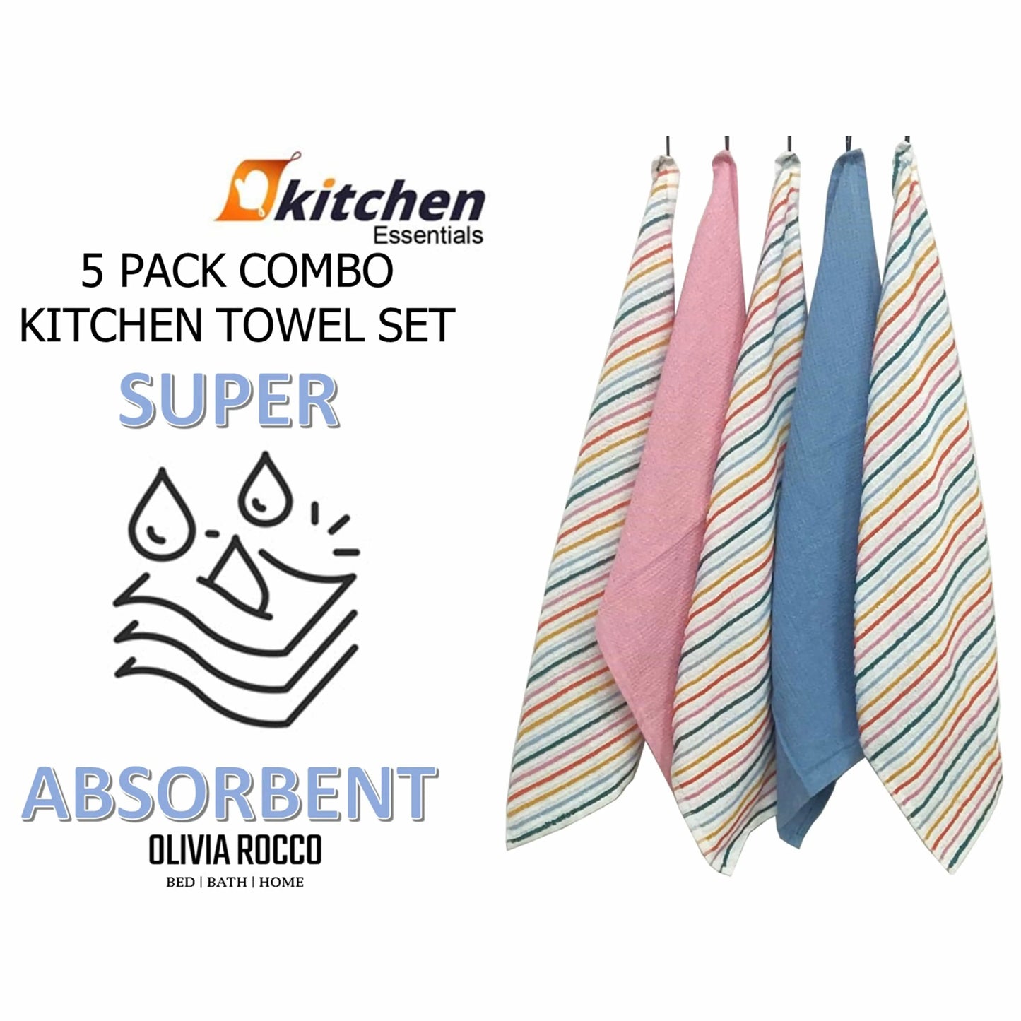 OLIVIA ROCCO 5 Pack Cotton Kitchen Tea Towels Striped Ribbed Waffle 45cm x 65cm Quick Dry OLIVIA ROCCO