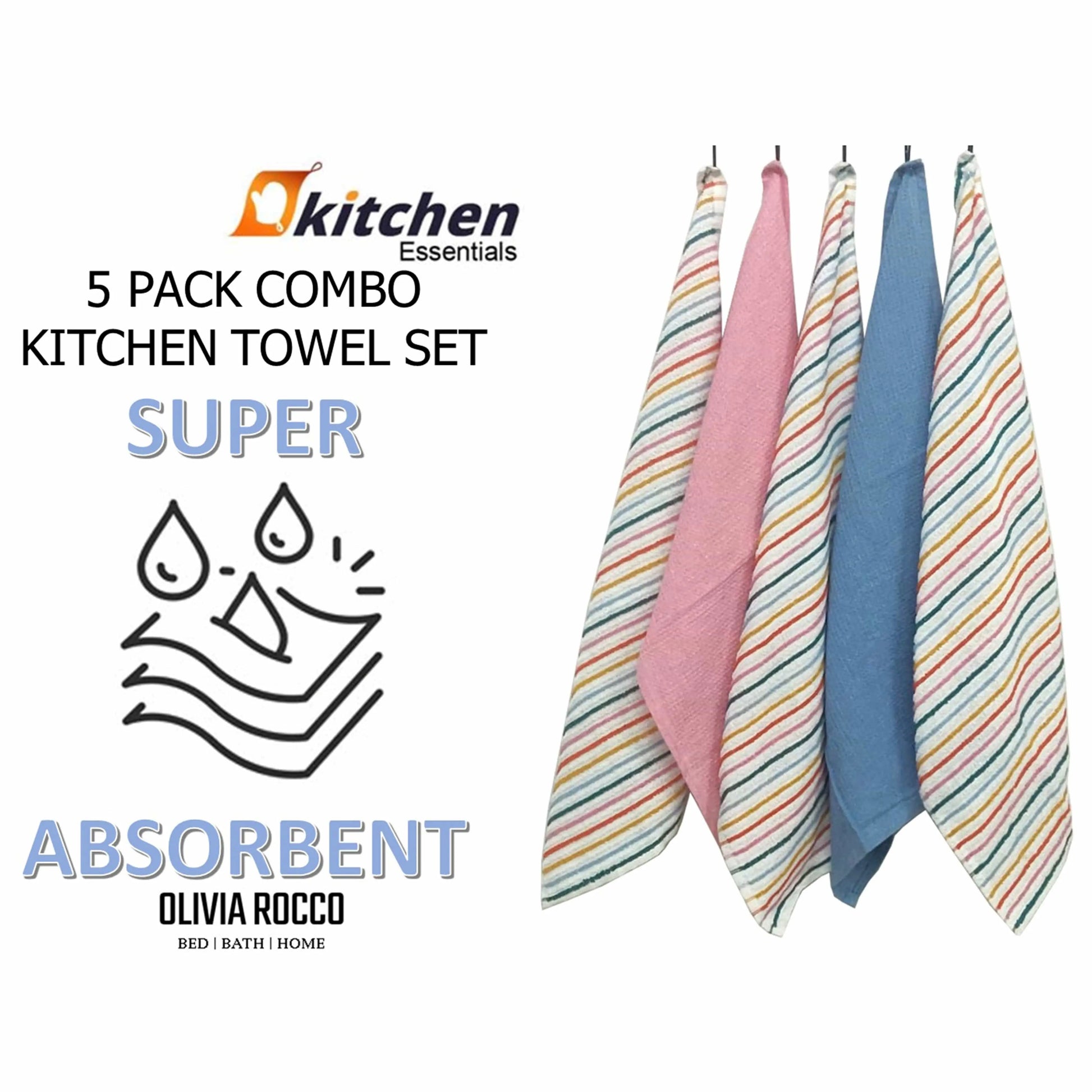 OLIVIA ROCCO 5 Pack Cotton Kitchen Tea Towels Striped Ribbed Waffle 45cm x 65cm Quick Dry OLIVIA ROCCO