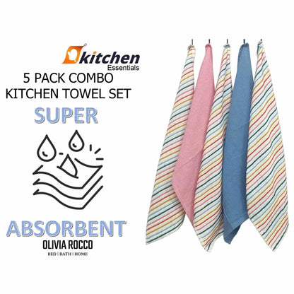 OLIVIA ROCCO 5 Pack Cotton Kitchen Tea Towels Striped Ribbed Waffle 45cm x 65cm Quick Dry OLIVIA ROCCO