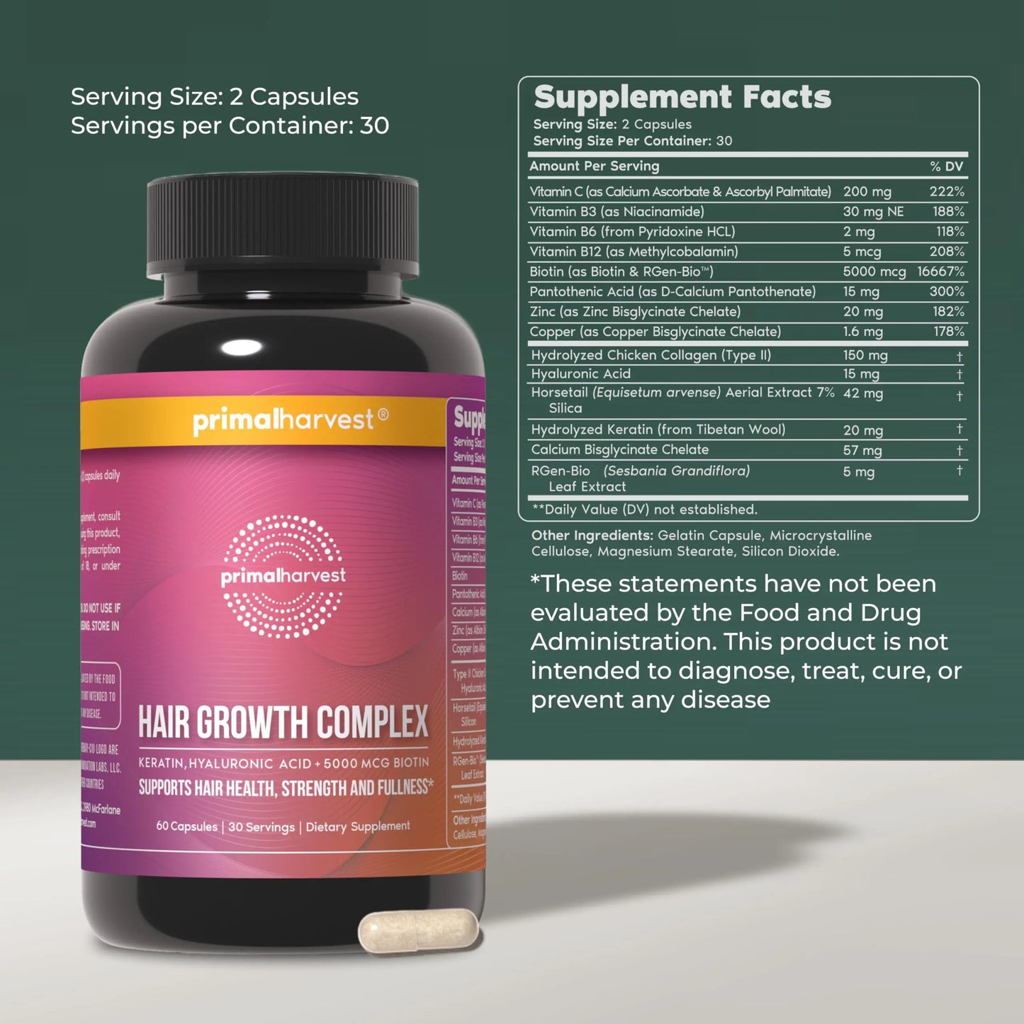 Primal Harvest Hair Growth Vitamins – 60 Capsules with Biotin, Zinc & Type II Collagen British Harmonia | Natural Makeup & Fragrance by British Harmonia UK