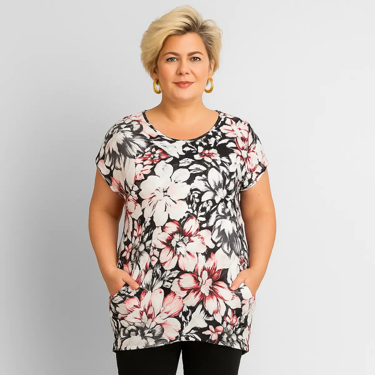 Grey Floral Dipped Hem T-shirt with Side Pockets rockthosecurves