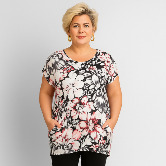 Grey Floral Dipped Hem T-shirt with Side Pockets