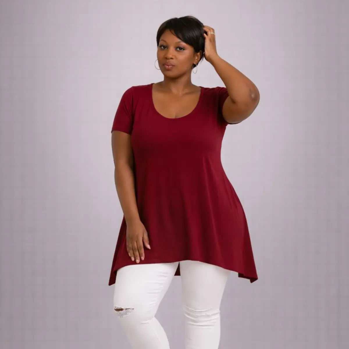 Plain Short Sleeve Hanky Hem Swing Top rockthosecurves