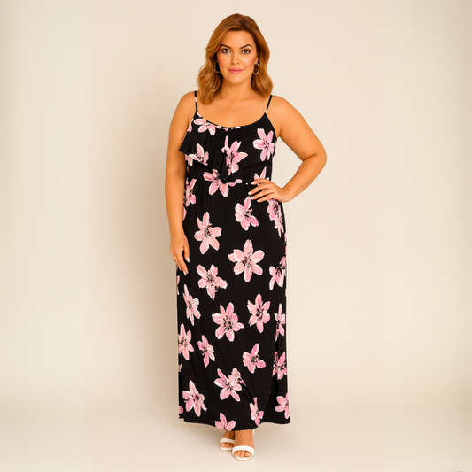 Lilac Floral Print V Frilled Top Maxi Dress