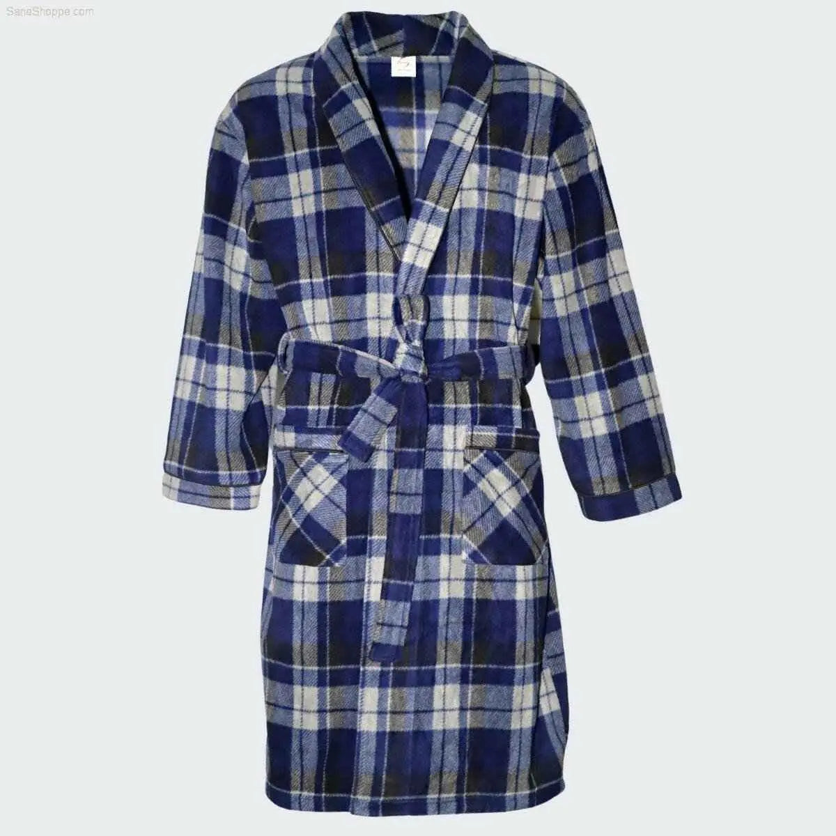 Men's Fleece Dressing Gown - Soft Warm Checkered Pattern SaneShoppe