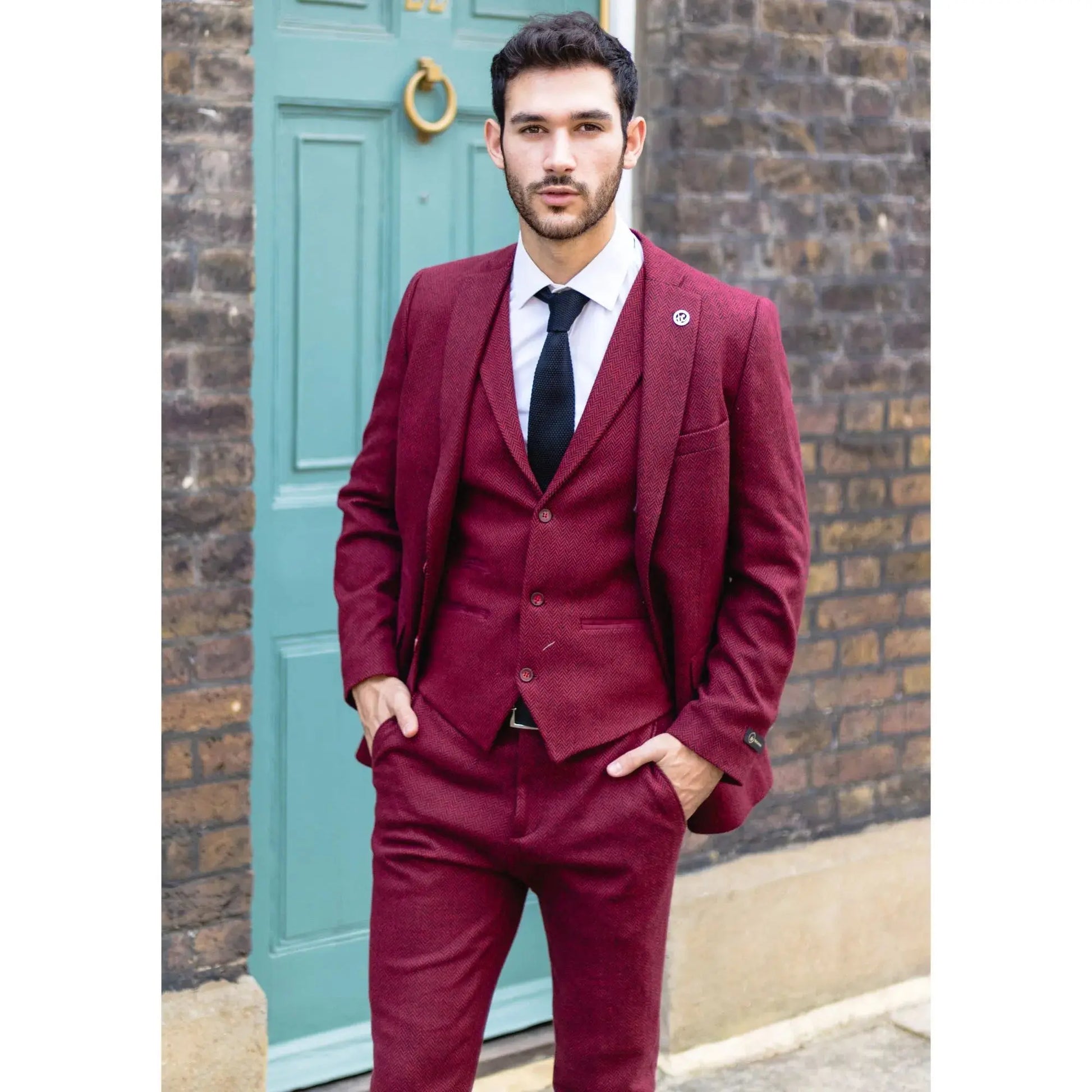 STZ11 - Men's Wool 3 Piece Suit Tweed Burgundy Black Classic TruClothing