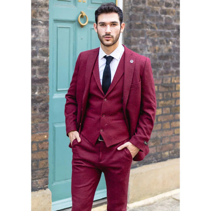STZ11 - Men's Wool 3 Piece Suit Tweed Burgundy Black Classic TruClothing