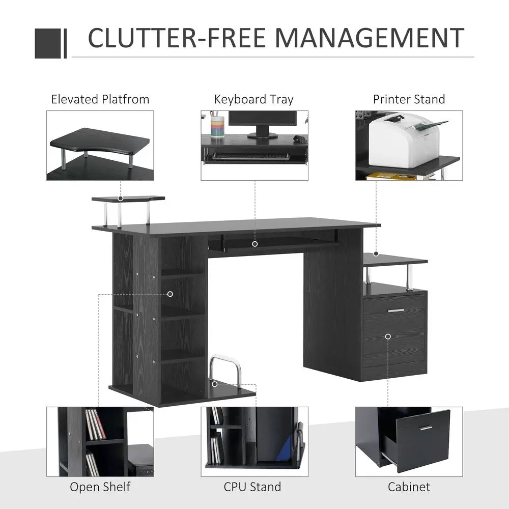 HOMCOM Computer Desk PC Workstation with Drawer Shelves CPU Storage Rack Home Office Furniture 152 x 60 x 88cm (BLACK) InStock
