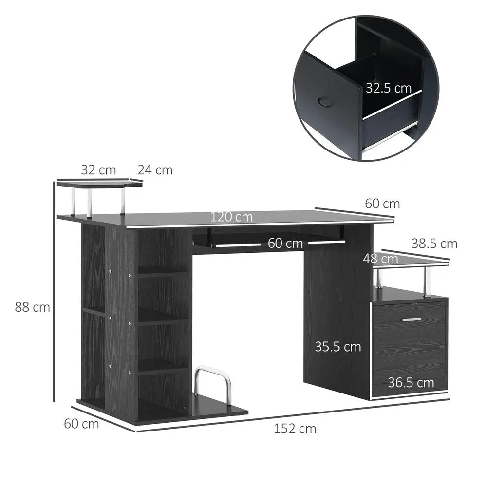 HOMCOM Computer Desk PC Workstation with Drawer Shelves CPU Storage Rack Home Office Furniture 152 x 60 x 88cm (BLACK) InStock