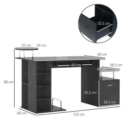 HOMCOM Computer Desk PC Workstation with Drawer Shelves CPU Storage Rack Home Office Furniture 152 x 60 x 88cm (BLACK) InStock