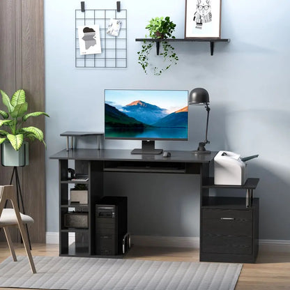 HOMCOM Computer Desk PC Workstation with Drawer Shelves CPU Storage Rack Home Office Furniture 152 x 60 x 88cm (BLACK) InStock