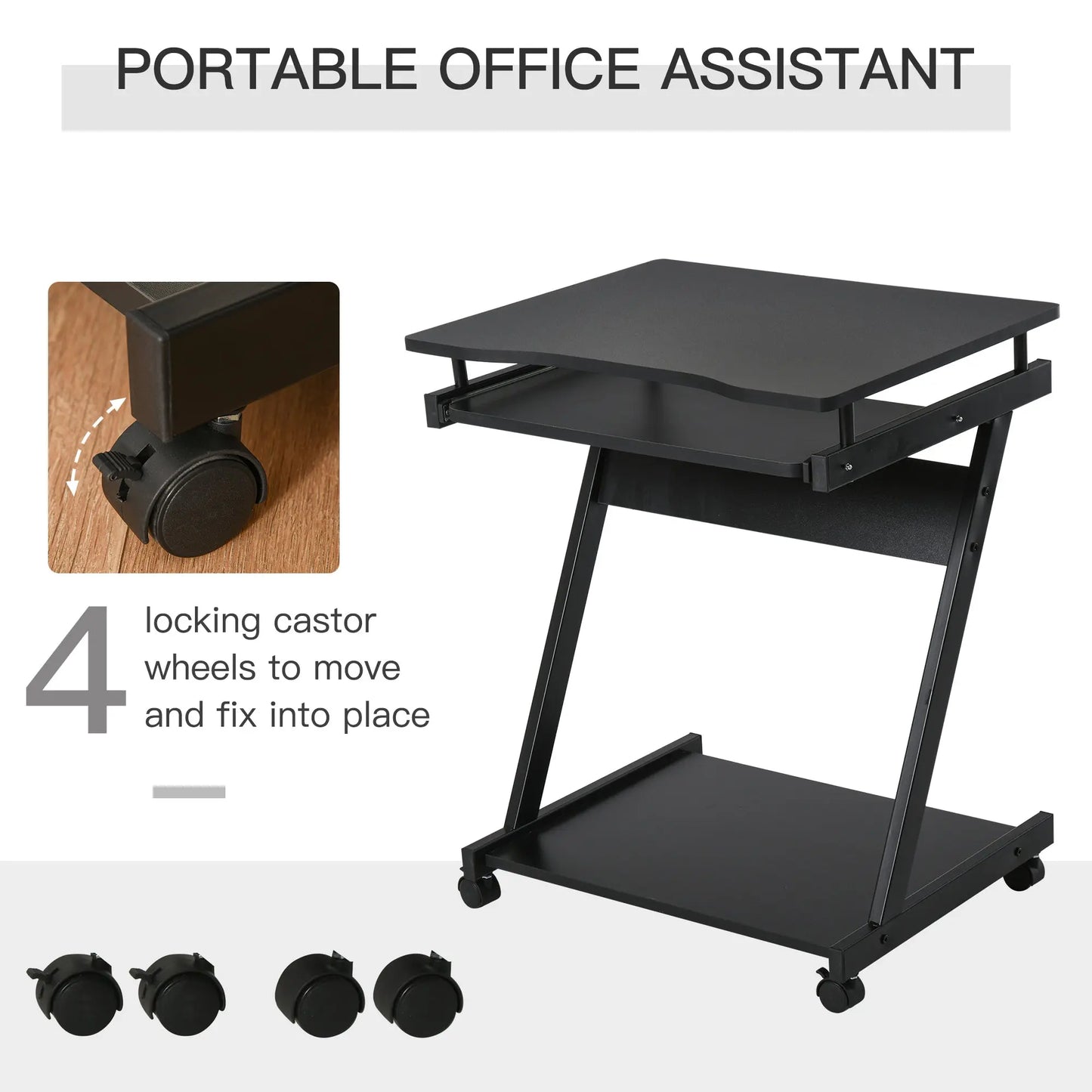 HOMCOM Movable Computer Desk with 4 Moving Wheels Sliding Keyboard Tray Home Office Workstation Black Wise Galleria